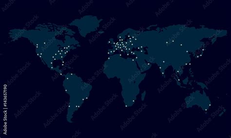 World map with city lights. Night view of Earth map with glowing city ...