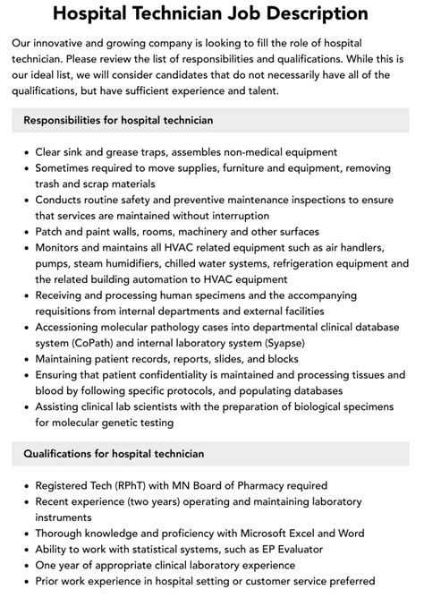 Hospital Technician Job Description | Velvet Jobs