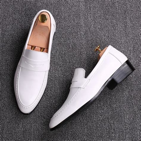 New white leather shoes fashion handmade men loafers wedding and party ...