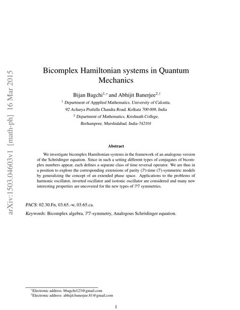 (PDF) Bicomplex Hamiltonian systems in Quantum Mechanics