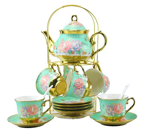 Buy 20 Pieces Porcelain Tea Set With Metal Holder, European Ceramic tea ...