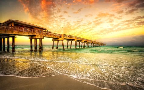 Download Horizon Orange (Color) Sky Sunset Ocean Man Made Pier HD Wallpaper