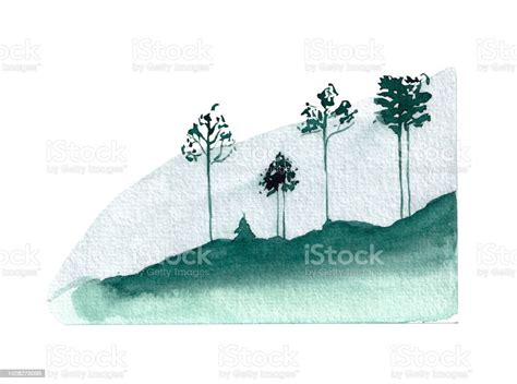 Watercolor Hand Drawn Landscape Silhouette Of Trees Stock Illustration ...