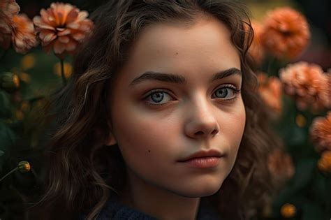 Premium AI Image | Closeup of girls face with blooming flowers in the background