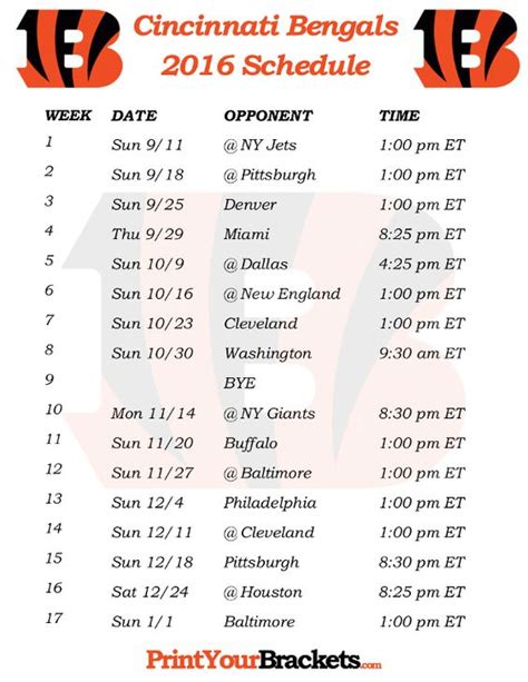 Printable Cincinnati Bengals Schedule - 2016 Football Season ...