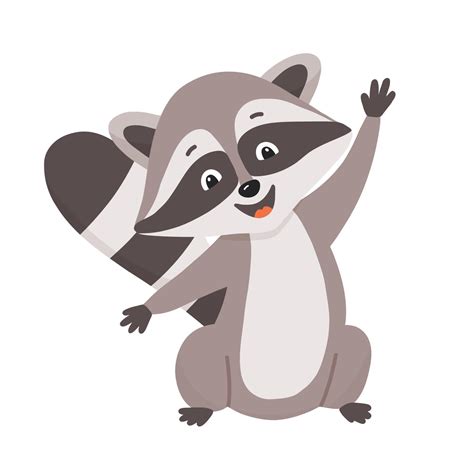 Funny cute cartoon raccoon waving hand. Vector illustration of small ...