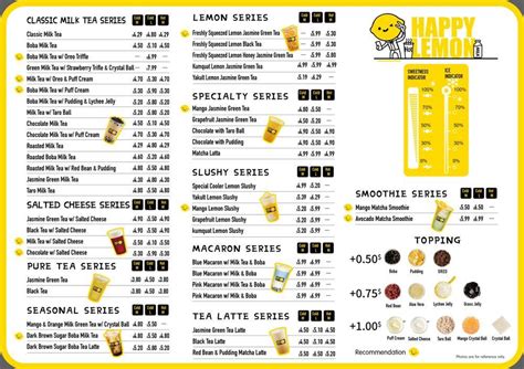 Menu at Happy Lemon cafe, Winnipeg