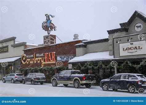 Downtown Jackson Hole Wyoming Cowboy Bar during Winter Snow Storm ...