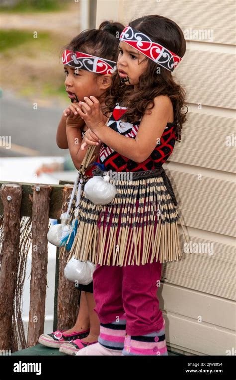 A small group of Maori children dressed in their traditional dance ...