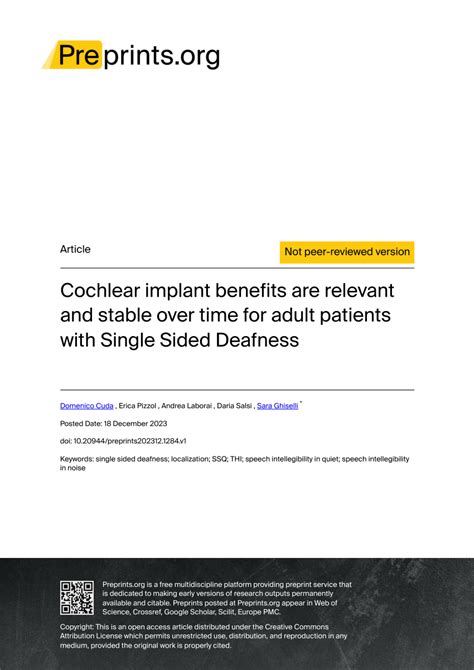 (PDF) Cochlear implant benefits are relevant and stable over time for adult patients with Single ...