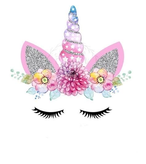 Pink Unicorn Face with Flowers and Glitters