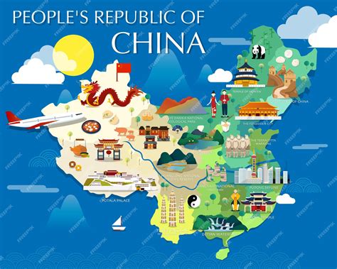 Premium Vector | People's republic of China map with colorful landmarks illustration design