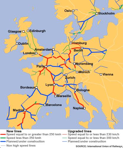 Europe International & high speed train rail maps