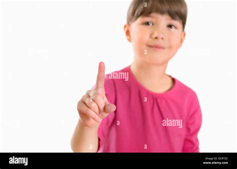 Girl touch screen isolated Stock Photo - Alamy
