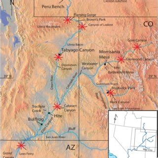 Map of rivers and locations throughout the Colorado Plateau, including ...