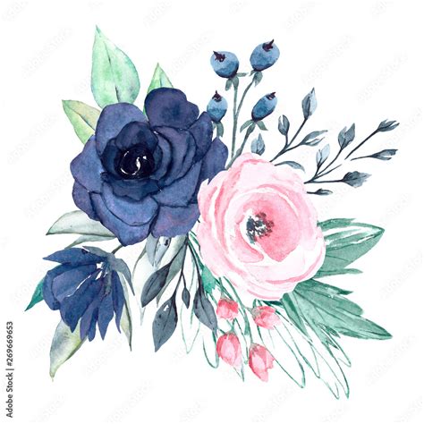 Floral blue and pink composition isolated. Watercolor flowers. Perfectly for Mother's Day ...