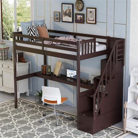 URTR Espresso Twin Loft Bed with Desk and Storage Wood Loft Bed Frame with Staircase Storage ...