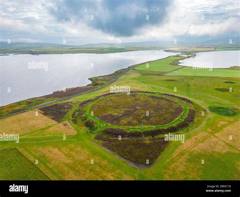 Aerial view of Ring of Brodgar neolithic henge and stone circle at West ...