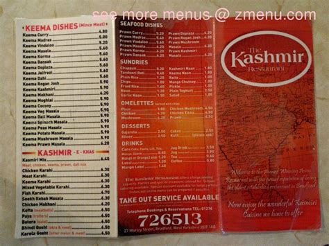 Menu at The Kashmir Restaurant, Bradford