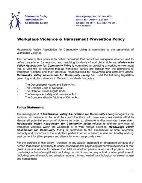 Workplace Violence & Harassment Prevention Policy