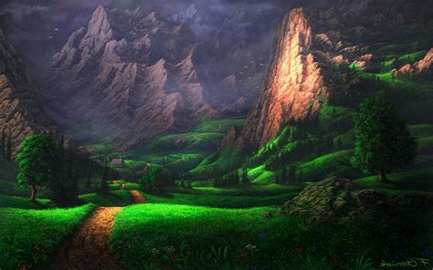 digital Art, Nature, Trees, Mountain, Forest, Rock, Grass, Path, Mist, Sunlight, Flowers, Birds ...