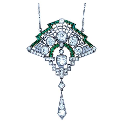 Platinum Diamond, Carved Sapphire, Emerald Necklace For Sale at 1stDibs