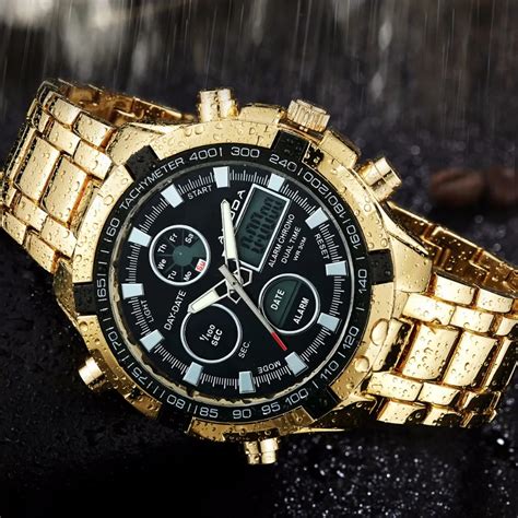 Full Steel Gold Watch Relogio Masculino Mens Military Sport Wristwatch Led Digital Back Light ...