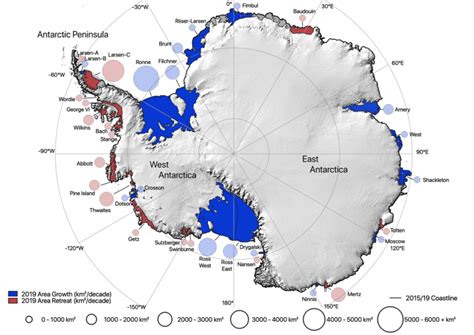 Antarctic map of ice shelf area change from 2009 to 2019 with ice shelf ...