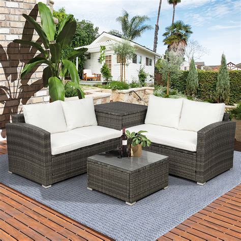 4-Piece Rattan Patio Furniture Sets, Wicker Bistro with Ottoman Coffee ...