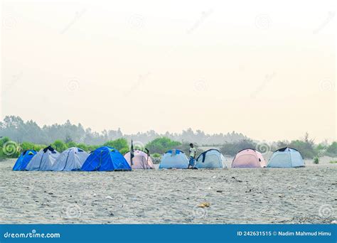 Campsite On Beach. Tents On Sea Beach With Sky And Green Background ...