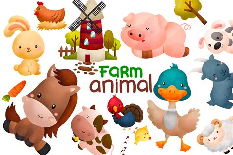 Watercolor Farm Animals Clipart - Cute Animal Clip Art – inkleystudio