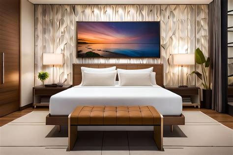 Premium AI Image | A bedroom with a picture of a sunset on the wall.