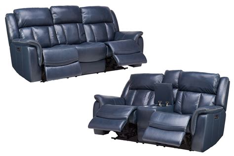 Patriot Blue Leather Dual Power Reclining Sofa + Loveseat with Console