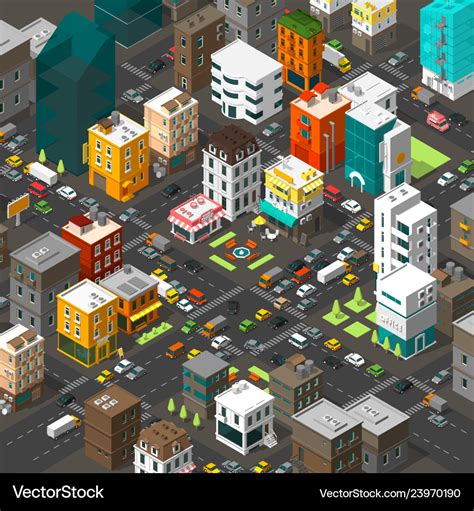 Isometric city cartoon town district Royalty Free Vector