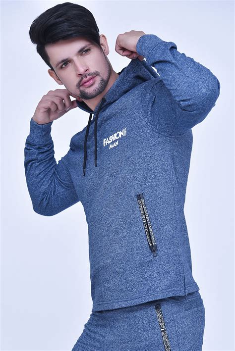 Men’s slim chain yarn navy pullover hoodie with rib cuffs, drawstring hood, front pockets with ...