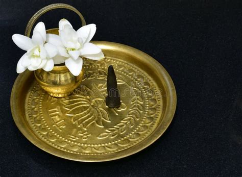 Hinduism Prayer Brass Plate With Water Pot, Incense And Flowers Stock ...