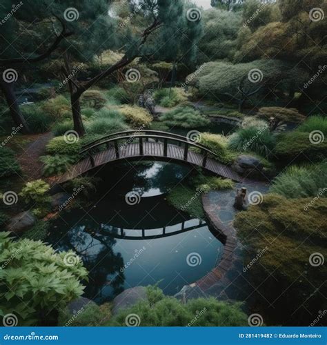 Japanese Garden with Pond and Bridge Stock Illustration - Illustration ...