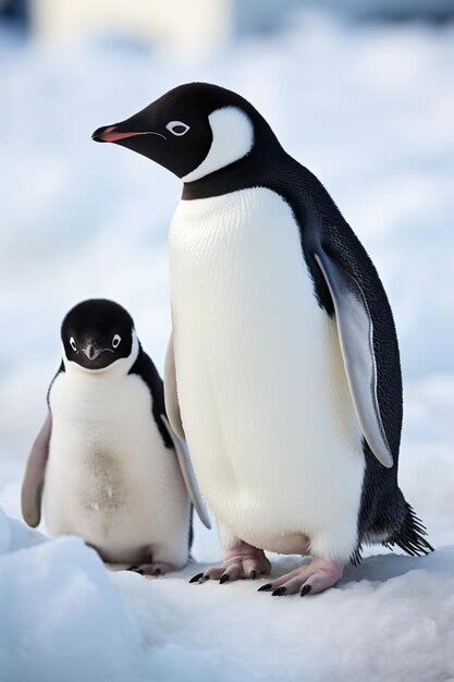 Premium AI Image | a penguin and its baby are standing in the snow