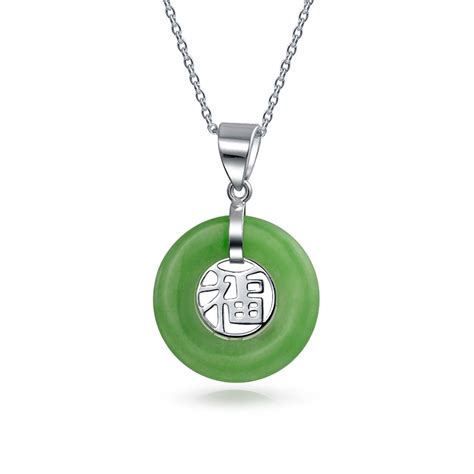 Asian Style Round Circle Disc Good Luck Chinese Fortune Dyed Green Jade Pendant Necklace For ...