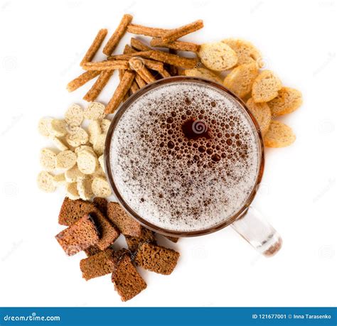 Four Types of Beer Crackers and a Glass of Beer on a White Background ...