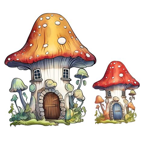 Fantasy Mushroom House Watercolor Vector Illustration With Line Art, Fairy, Fairy Garden ...