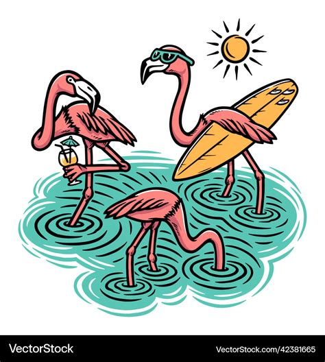 Three cute flamingos on the beach Royalty Free Vector Image