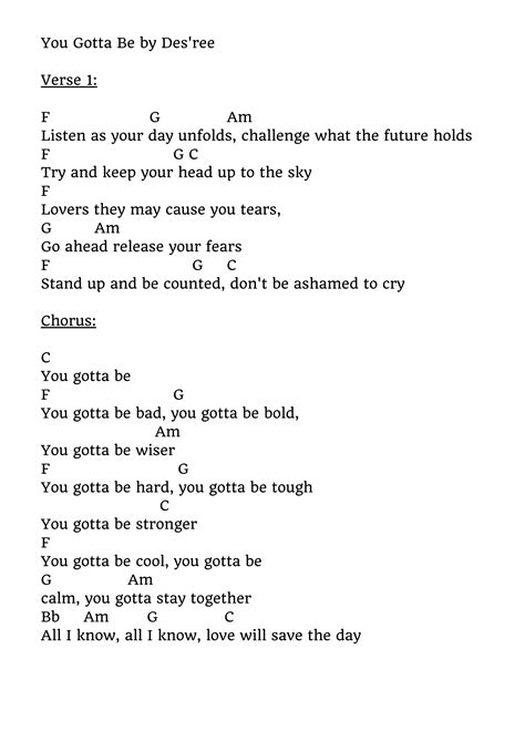 You Gotta Be by Des'ree Chords for Ukulele, Guitar and Piano