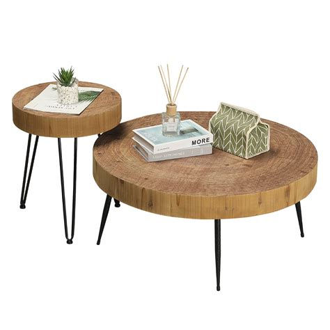 RUSTOWN Round Farmhouse Coffee Table Set of 2, Rustic Wooden Surface Top and Sturdy Metal Legs ...