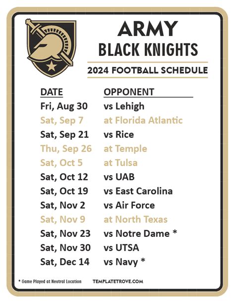 Printable 2024 Army Black Knights Football Schedule