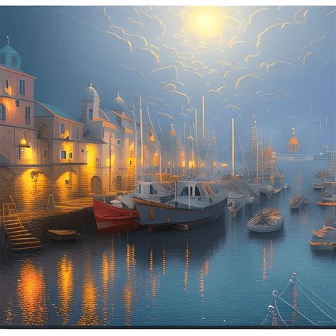 Realistic Drawing of Medieval Port Harbor Dock Jetty Waterfront Quay ...