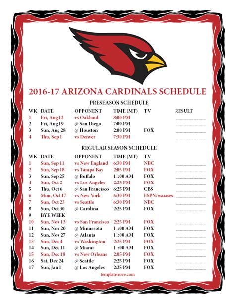 Az Cardinals Printable Schedule