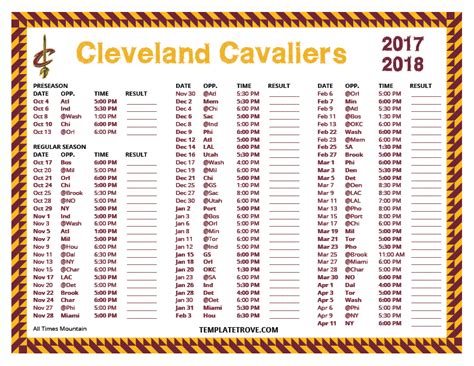 Printable 2017-2018 Cleveland Cavaliers Schedule