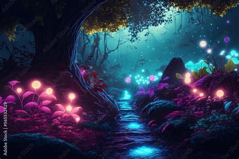 Glowing Forest Night scene with butterflies. Illuminated Light in the ...