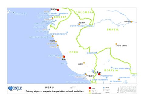 Peru: Primary airports, seaports, transportation network and cities (as ...